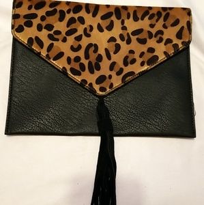 Black & leopard leather envelope clutch.